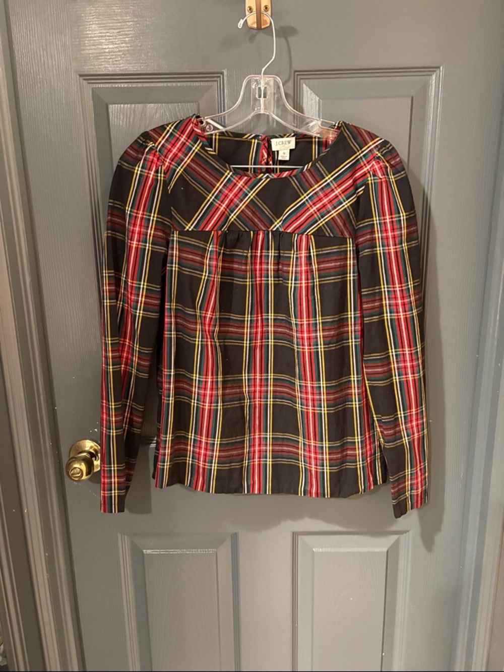 J. Crew Black Plaid Long-Sleeve Peasant Top with Red and Yellow Stripes
